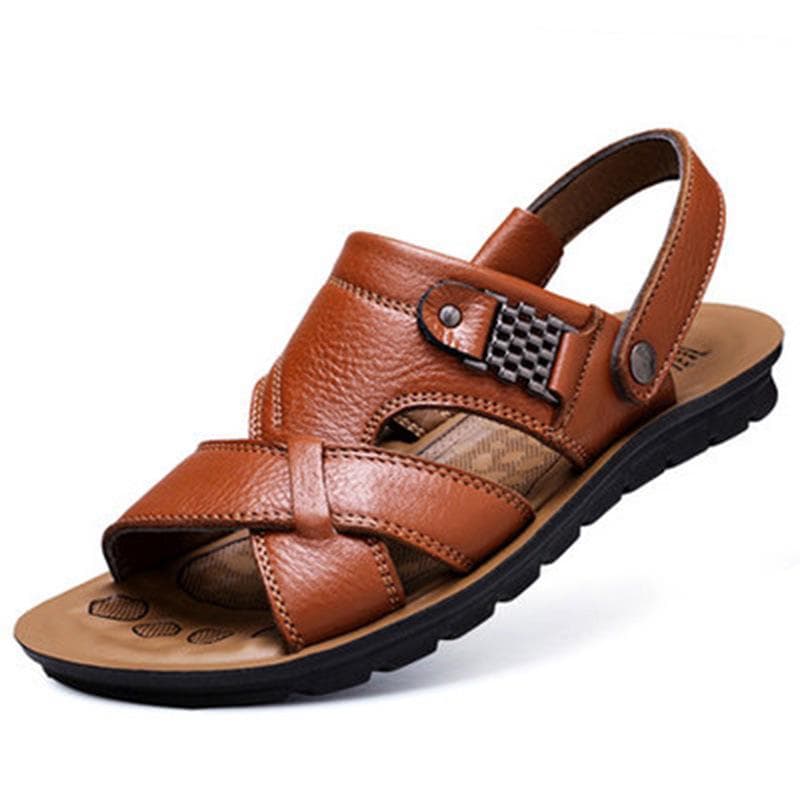Large Size Sandal Men Summer Casual Beach Leather Sandals Genuine Leather Sandals 45 yellow