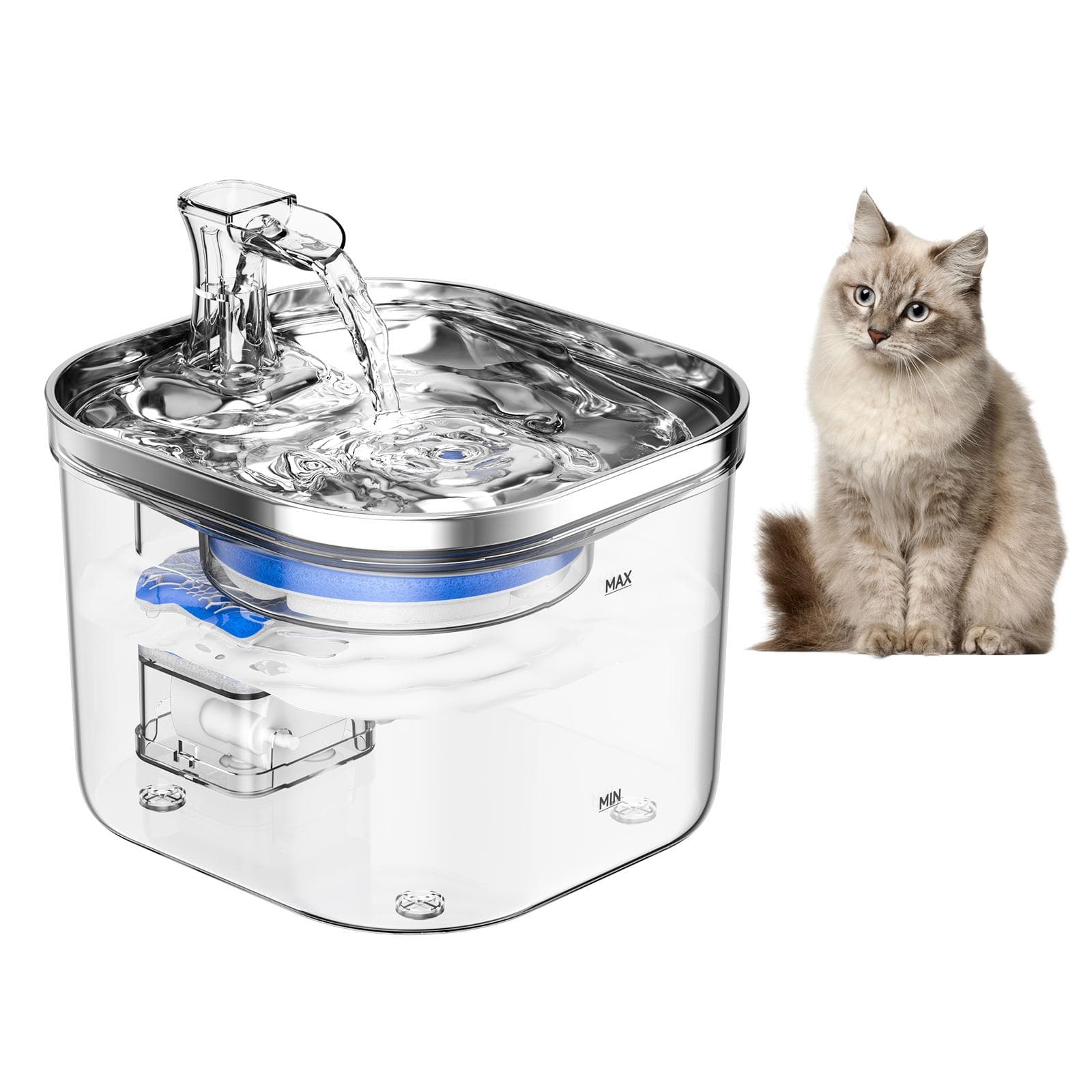 Cat Water Fountain with Intelligent Induction 2L/67oz Semi Stainless Steel Pet Drinking Fountain Automatic Water Dispenser with Silent Water Pump Semi Stainless Steel transparent