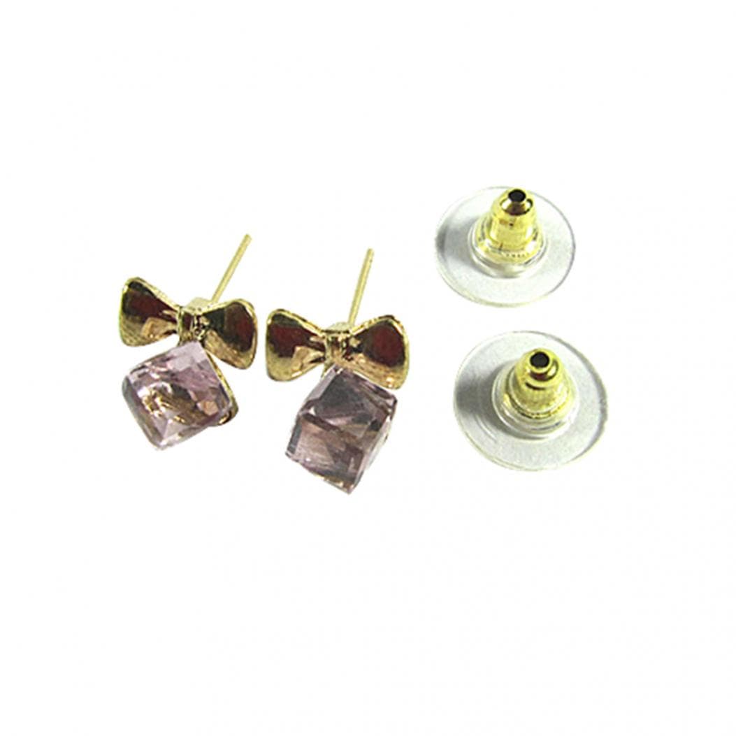 Women Chic Bowknot Shiny Cube Rhinestone Ear Studs Cute Dangle Earrings pink