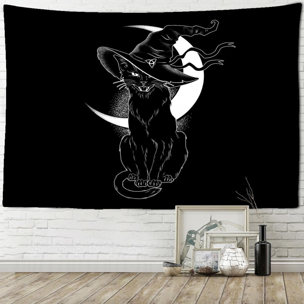 Black Cat Psychedelic Tapestry Wall Hanging Bohemian Tapiz Witchcraft Mystery Dormitory Bedroom Home Decor 95x70cm