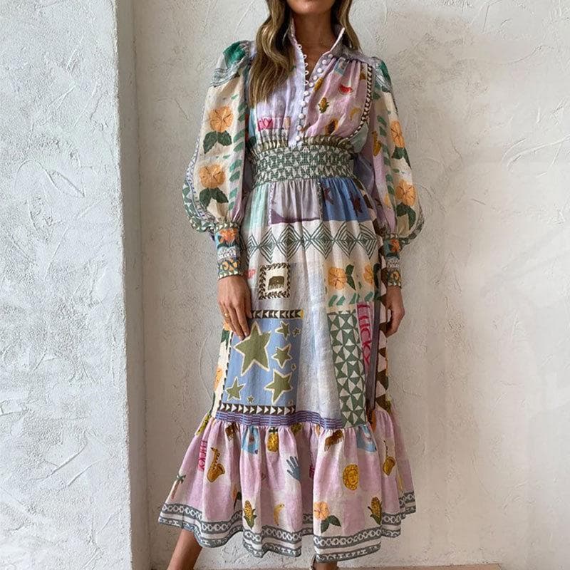 Spring New Women's Waist-hugging and Slim Printed Graffiti Casual Long-sleeved Dress 3XL