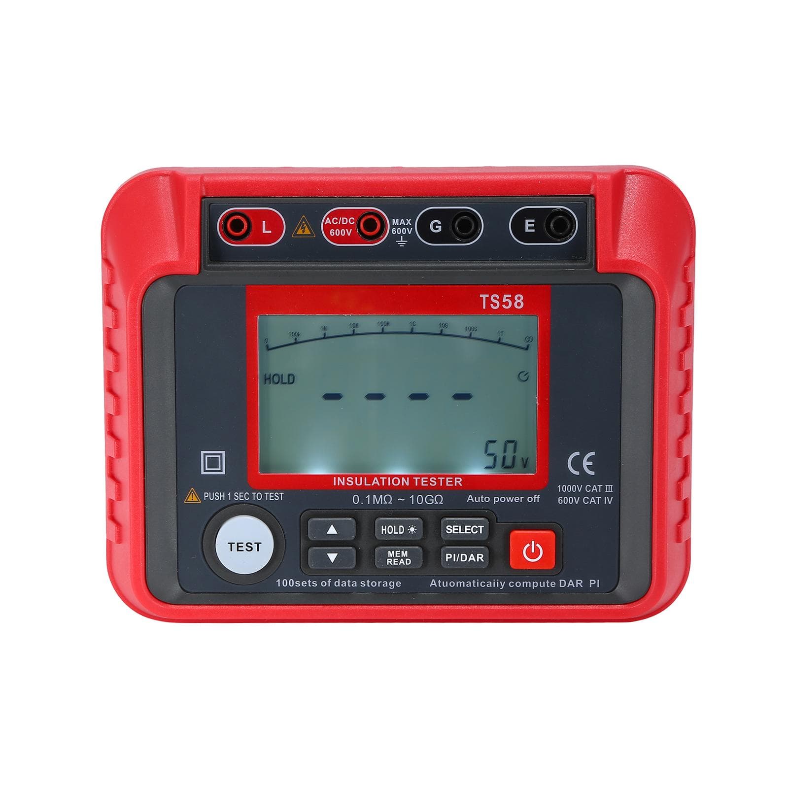TS58 Digital Insulation Resistance Tester 0.1M Ohm -10G Ohm Megohmmeter with LCD Backlit Display AC DC