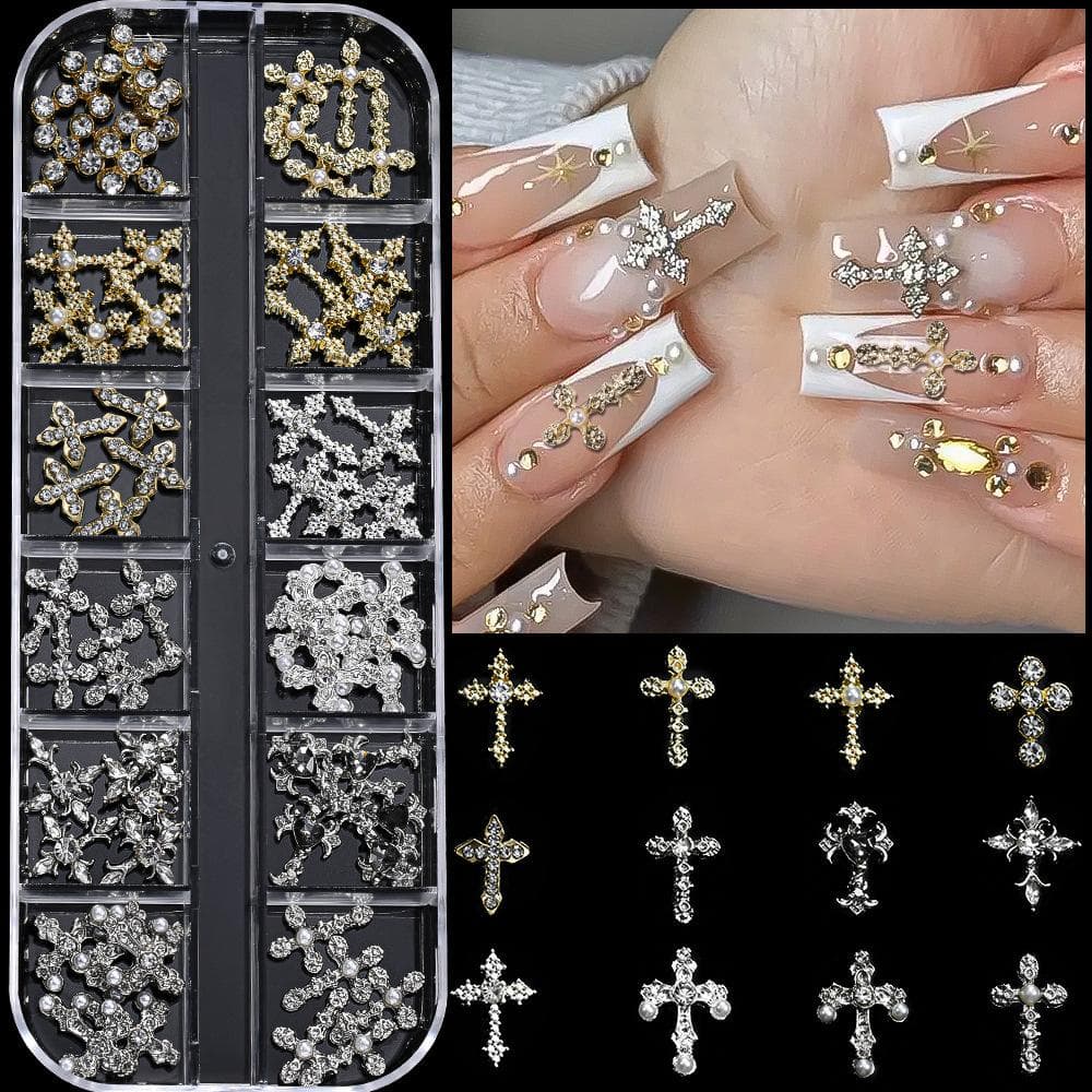 12Grids/Box Y2K Cross Mixed Style 3D Nail Art Rhinestone,Punk Gothic Alloy Cross Nail Decoration,Mixed 3D Nail Art Decoration For Manicure Supplies