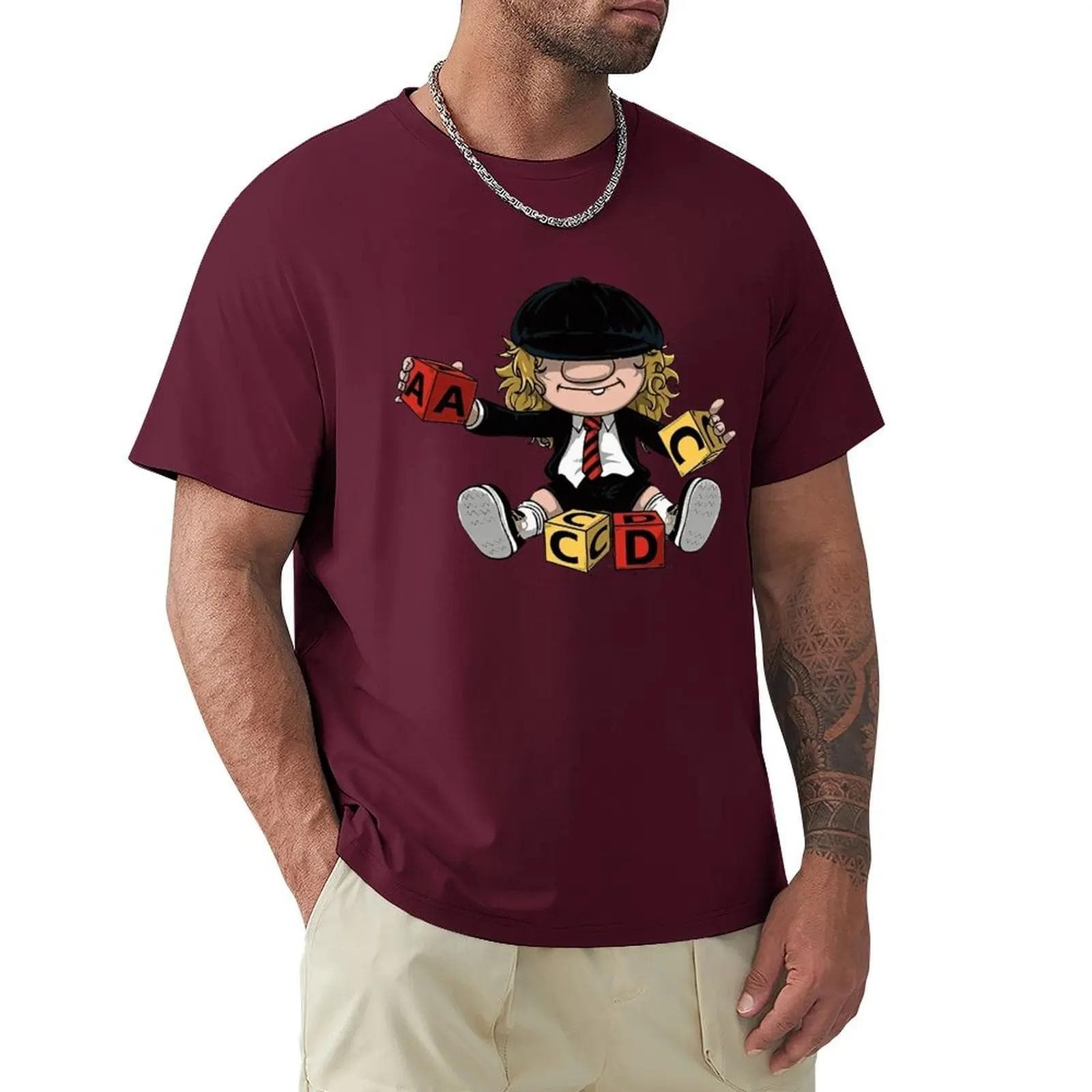 AC_DC Angus Young Hardrock Music Band Fan Male T Shirts Cartoon Graphic TShirts Cool Short Sleeve Clothing Streetwear T-Shirts XXXXXL ivory