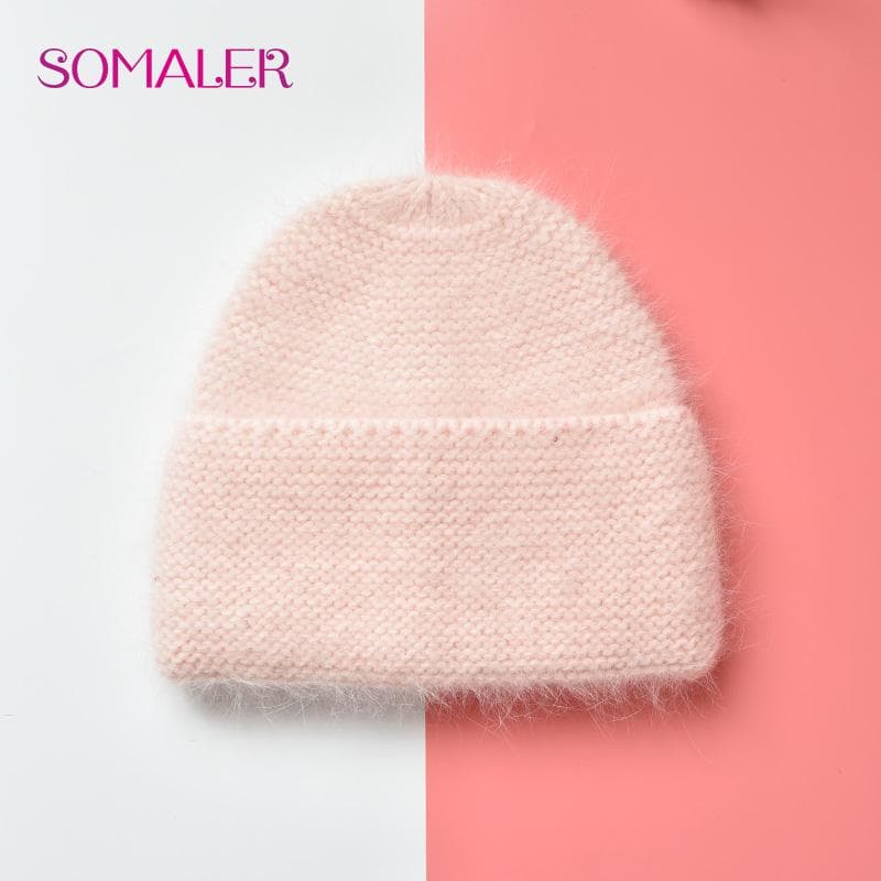 SOMALER Winter Fluffy Wool Warm Hats for Women Angora Wool Beanie Fashion Wide Cuff Hat for Girls Colorful Thick Caps light pink