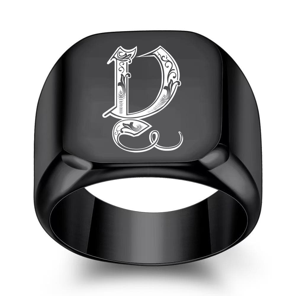 Retro Initials Signet Ring for Men Bulky Heavy Stamp Male Band Stainless Steel Letters Jewelry 7
