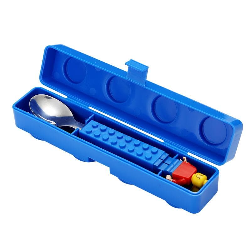 304 Stainless Kids Funny Fork Spoon Set Children Building Block Toys Cartoon Steel Tableware Portable Storage Jigsaw Puzzle Toys blue