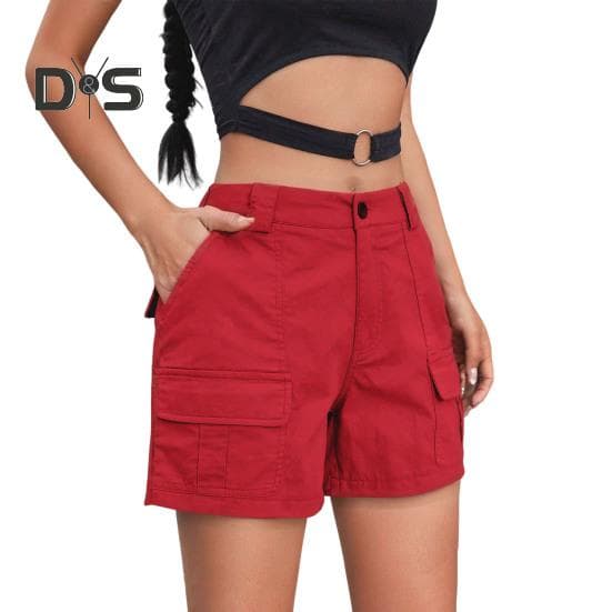 Women's Cargo Shorts Casual Knee Length Bermuda Cargo Shorts with Pockets Summer Baggy Wide Leg Hiking Outfits XL red