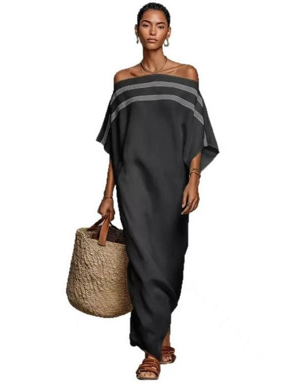 2026 Off-the-Shoulder Color Block Casual Long Dress for Vacations Large black