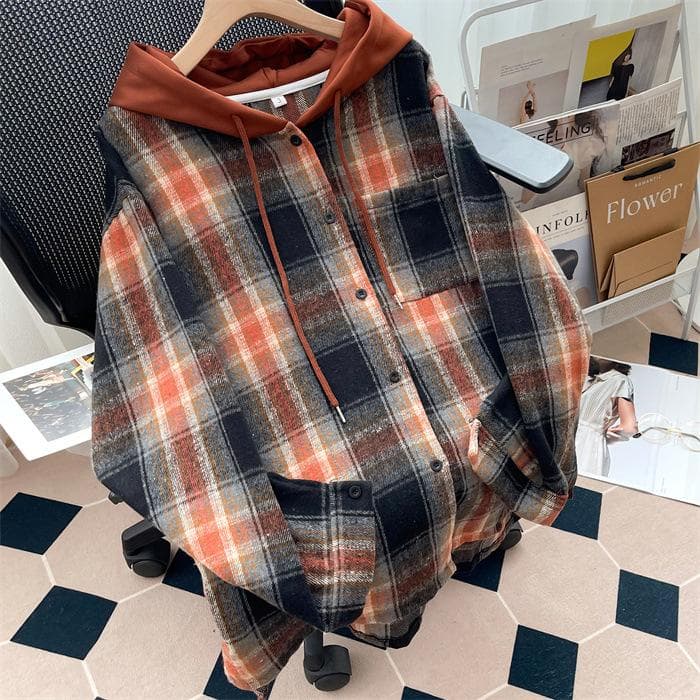 Thickened Plaid Shirt Hooded Top Women's Autumn and Winter New Warm Niche Medium and Long Large Size XXL maroon