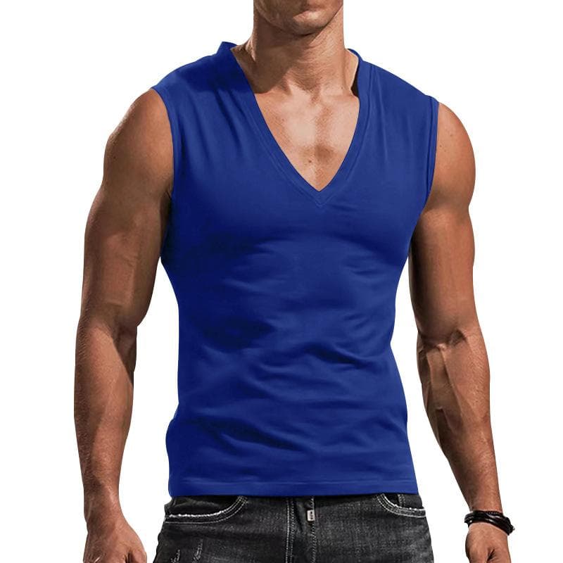 Men's Muscle Sleeveless T-shirt Men Summer Loose Tank Top Solid V Neck Vest Tee Men Tops M blue