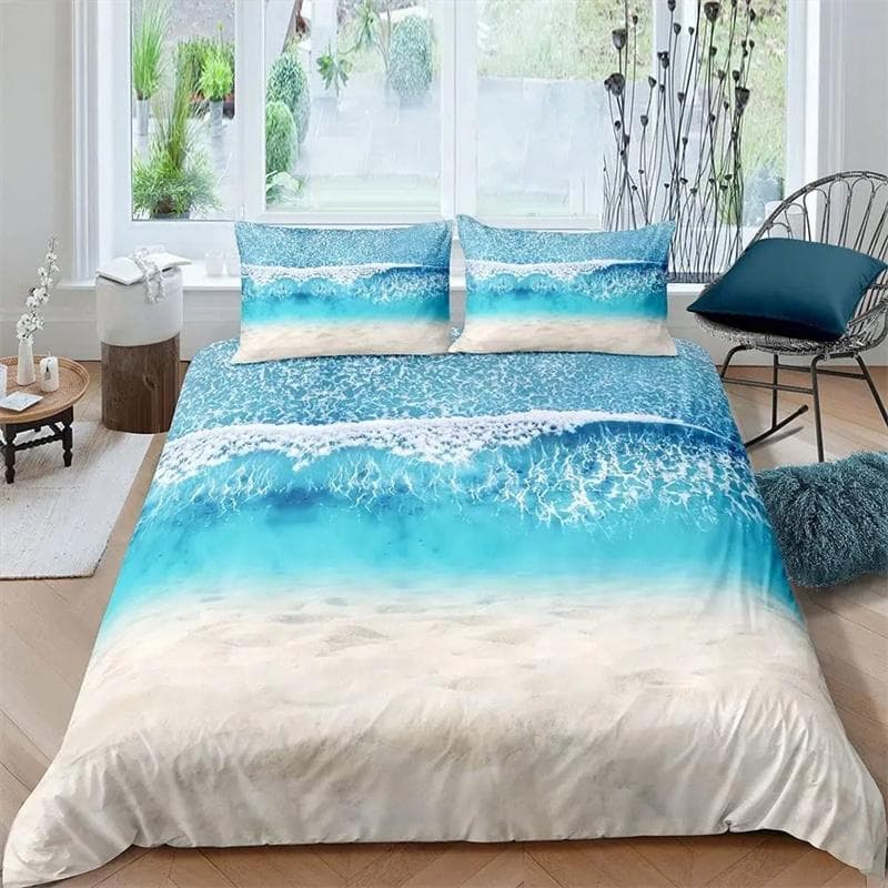 Beach Sea Wave Ocean Duvet Cover Sunset Hawaiian Palm Tree Wave Comforter Cover Tropical Island and Sea Beach Nature Theme Decor 140x210cm 2pcs