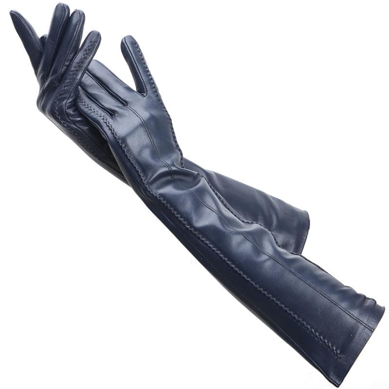 High Quality Ladies color Lambskin Leather Gloves length 47cm Winter Warm Fashion long gloves 6.5 dark blue