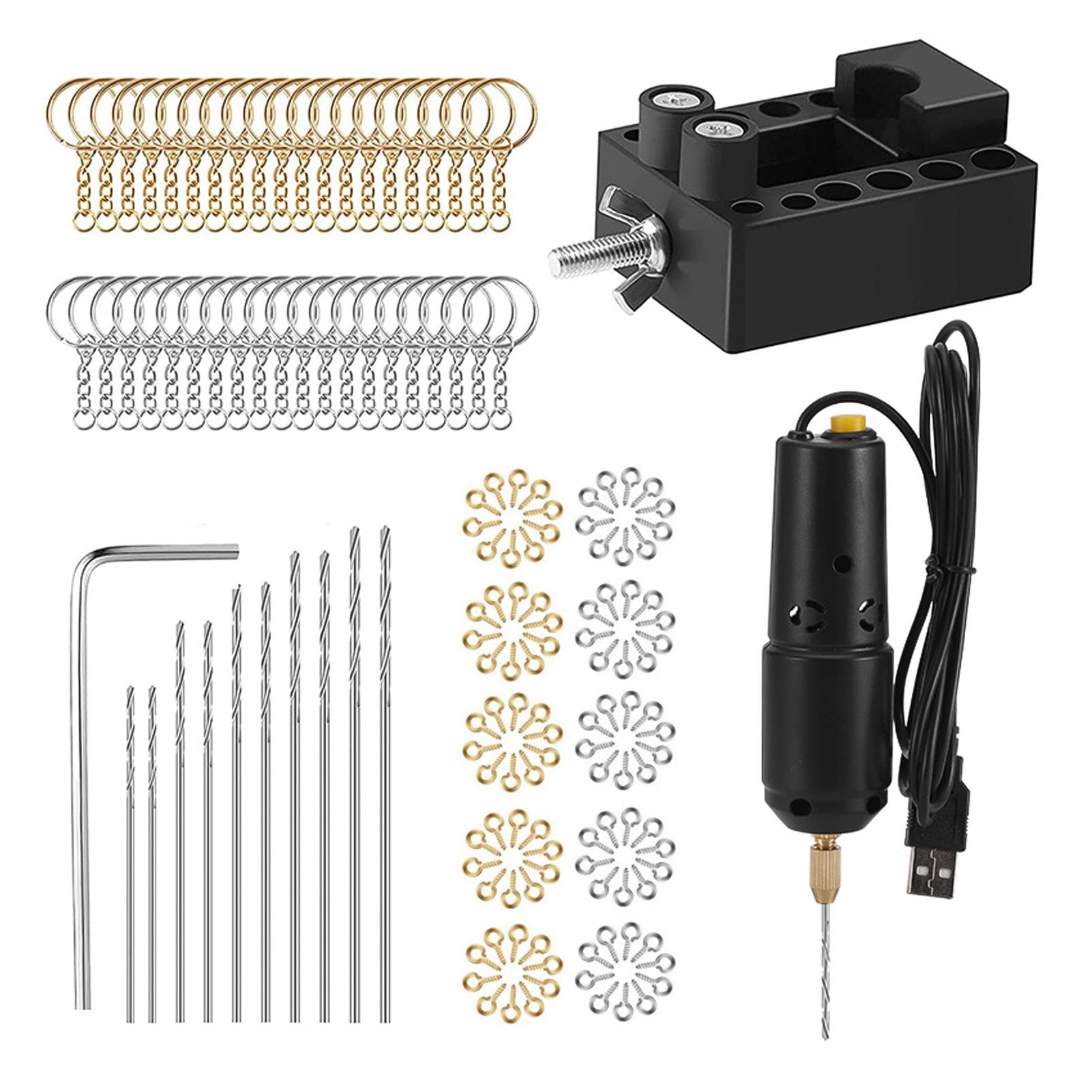 Drill Set Resin Electric Mini Drill with 10pcs Drills Bits 100pcs Screw Eye Pin for Jewelry DIY with key ring black