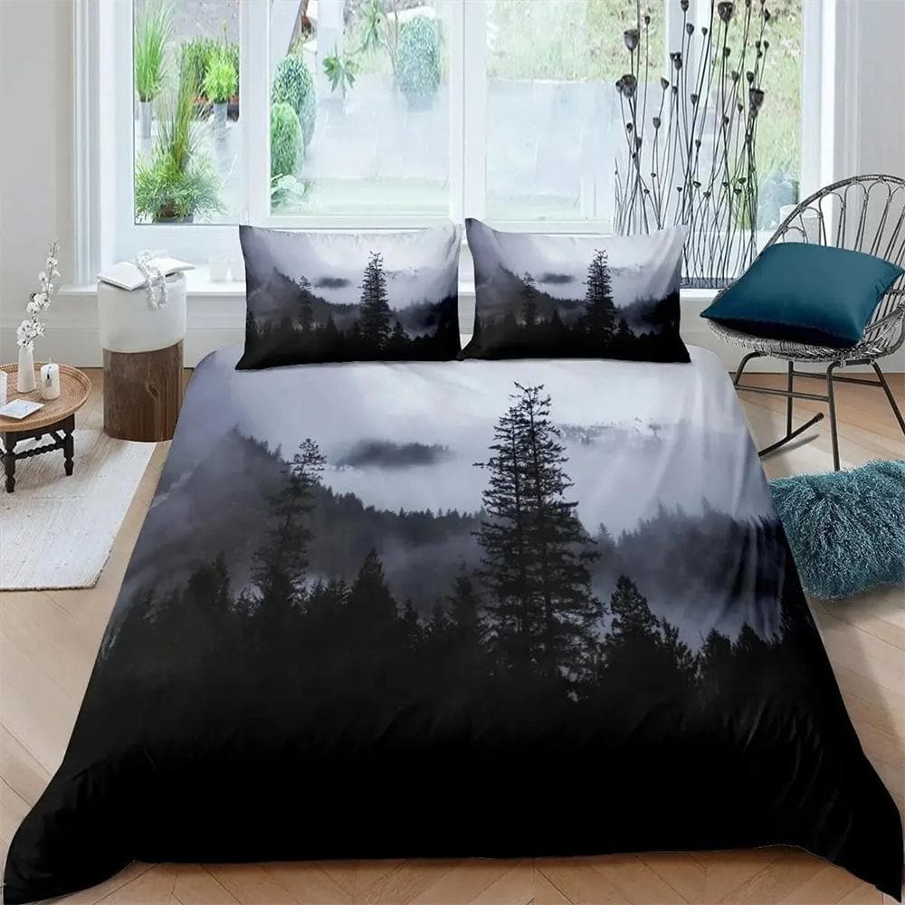 Smoky Mountain Duvet Cover Set Misty Forest Bedding Set Full Queen Size Grey Trees Natural Scenery Art Comforter Cover 240X220cm-3pcs