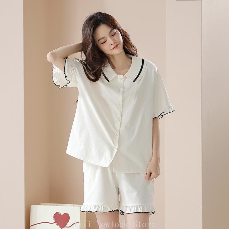 Spring and Summer Pure Cotton Pajamas Women's Short-sleeved Pull-up Pure Cotton Thin Printed Home Wear Set 2XL