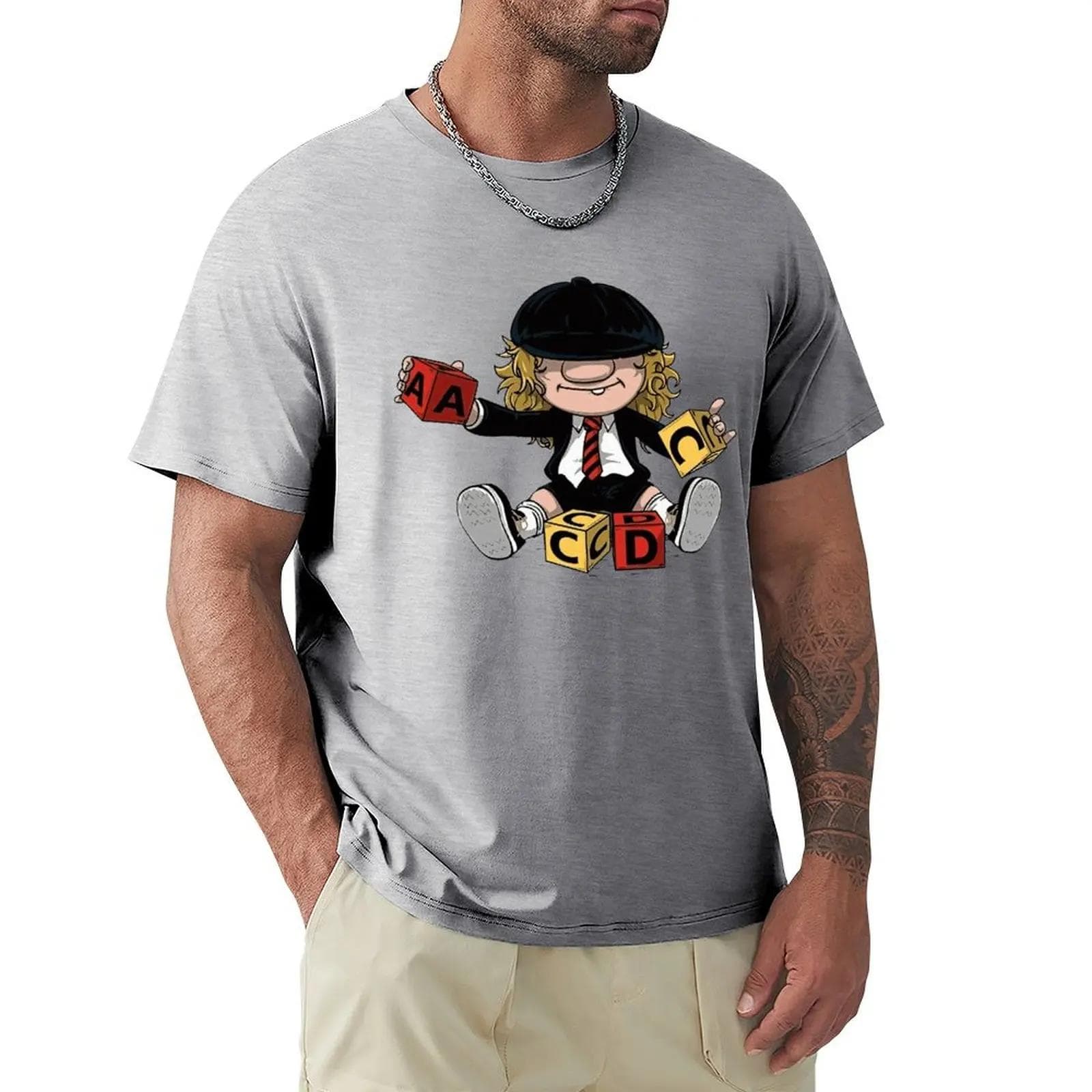 AC_DC Angus Young Hardrock Music Band Fan Male T Shirts Cartoon Graphic TShirts Cool Short Sleeve Clothing Streetwear T-Shirts XXXXL army green