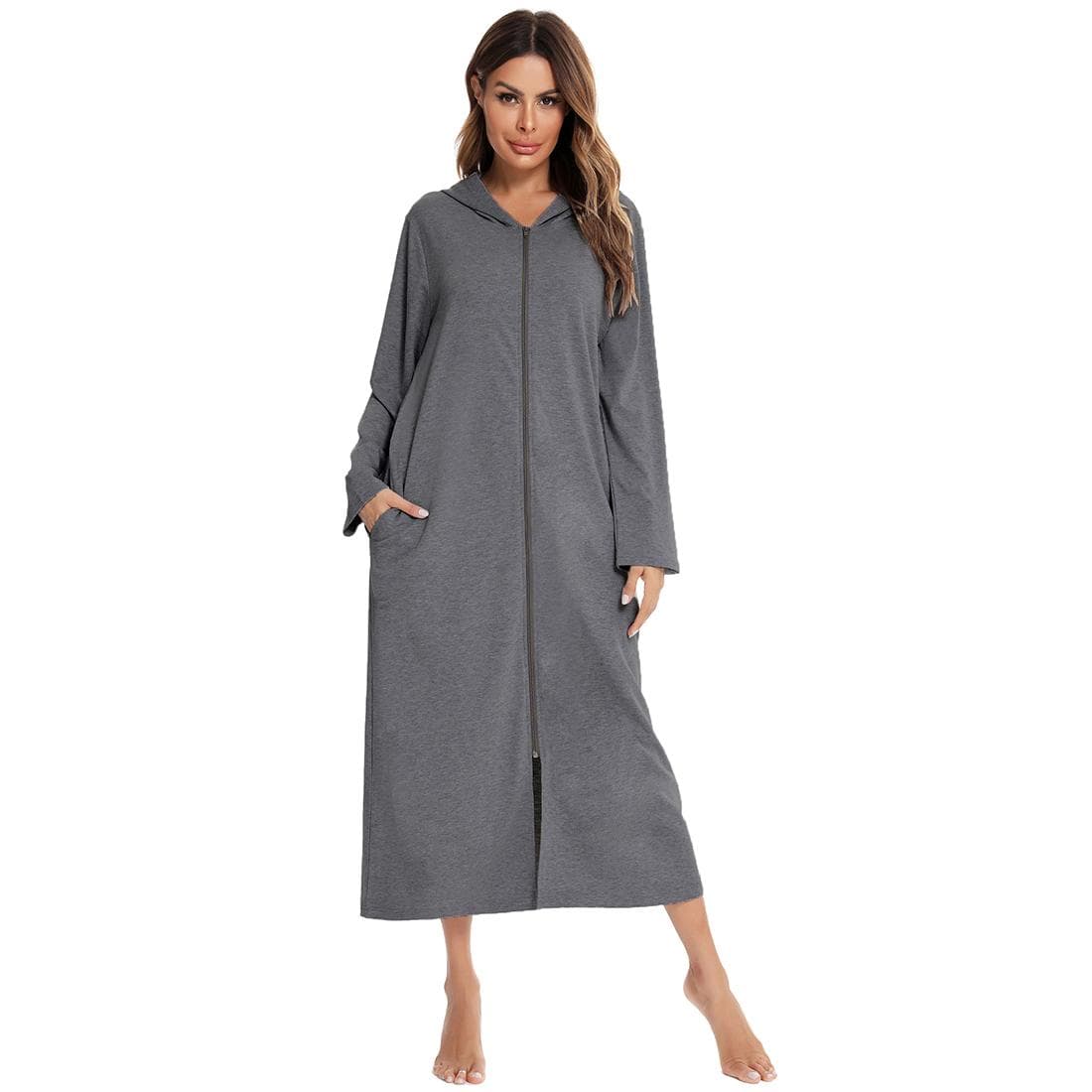 Bright Deer Womens Lightweight Hooded Robe Zip Up Bathrobes Full Length Long Sleeve Cotton Knit Soft Nightgown Kimono Zipper Housecoat Lounger Hoodie S dark grey