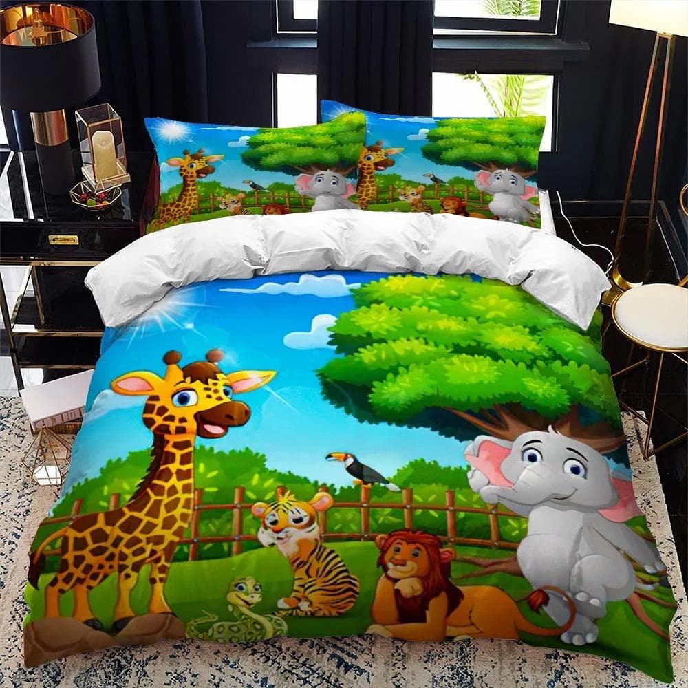 Cartoon Zoo Animal Bedding Set Boys Girls Twin Queen Size Duvet Cover Pillowcase Bed Kids Adult Fashion Home Textileextile US Twin 173x218cm