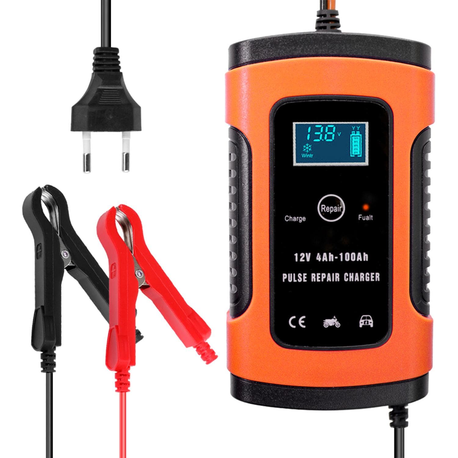 12V 5A Full Automatic Car Battery Charger Intelligent Fast Power Charging Pulse Repair Charger Wet orange