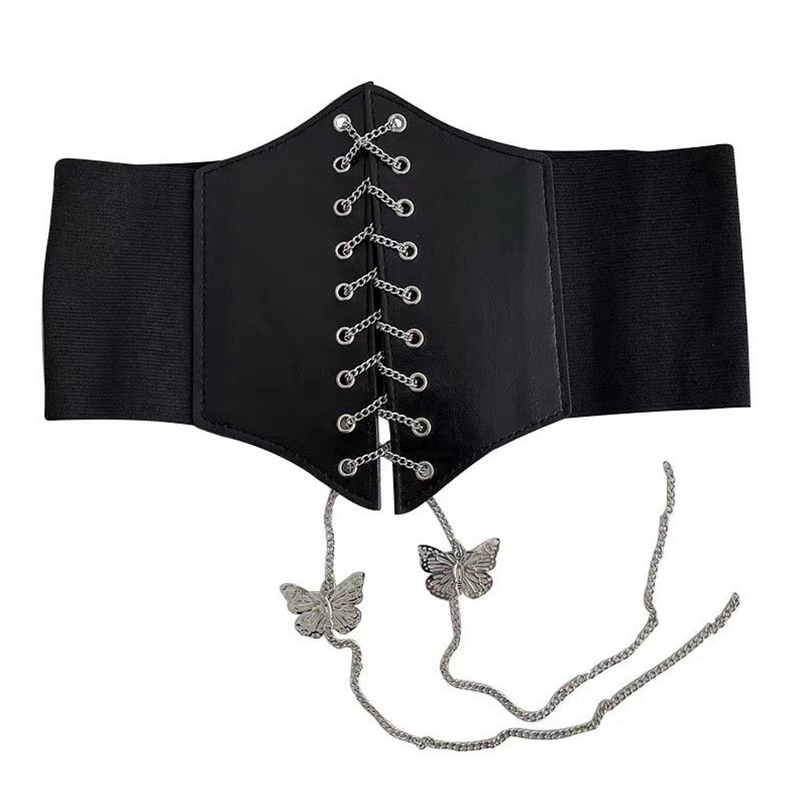 Women Lace Up Corset Waist Belt Fashionable Butterfly Chain Corset Wide Elastic Waist Belt Black black
