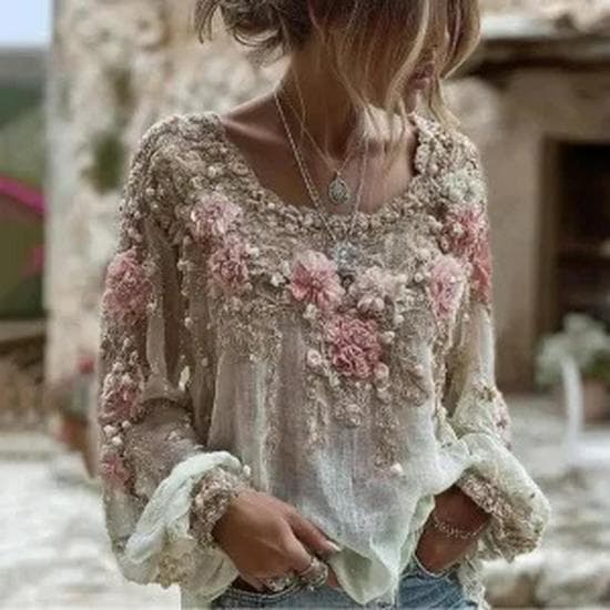 New 3D Printed Retro Bohemian Women's Round Neck Top Small