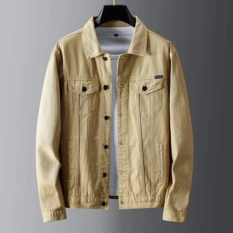 Spring and Autumn Men's Casual Simple Solid Color Denim Jacket XXL khaki