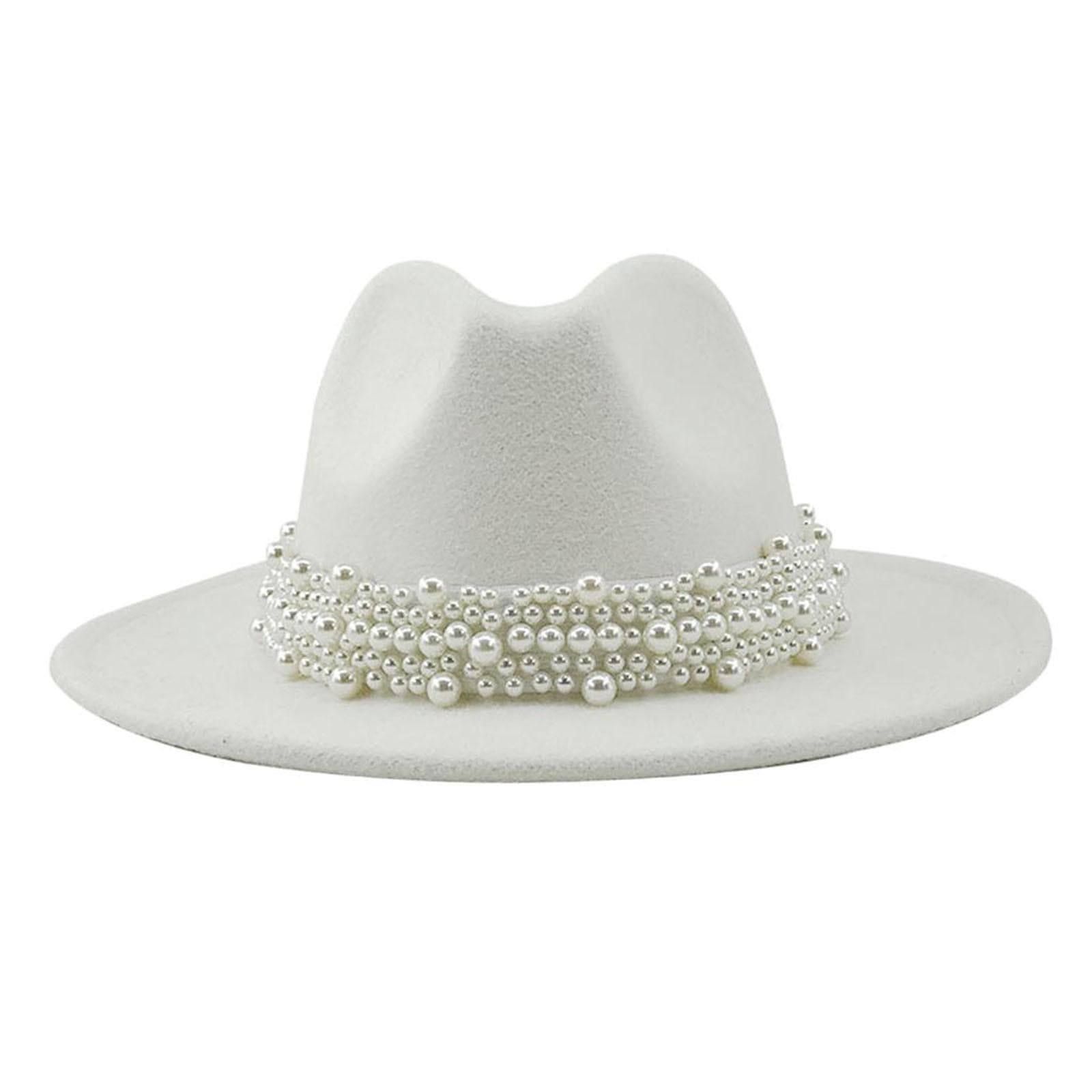 (SU)Trendy Hat Casual Men Women Pearled Wide Hat Cashmere Spring, Fall, Winter Travel Bowler Dress Hat M white