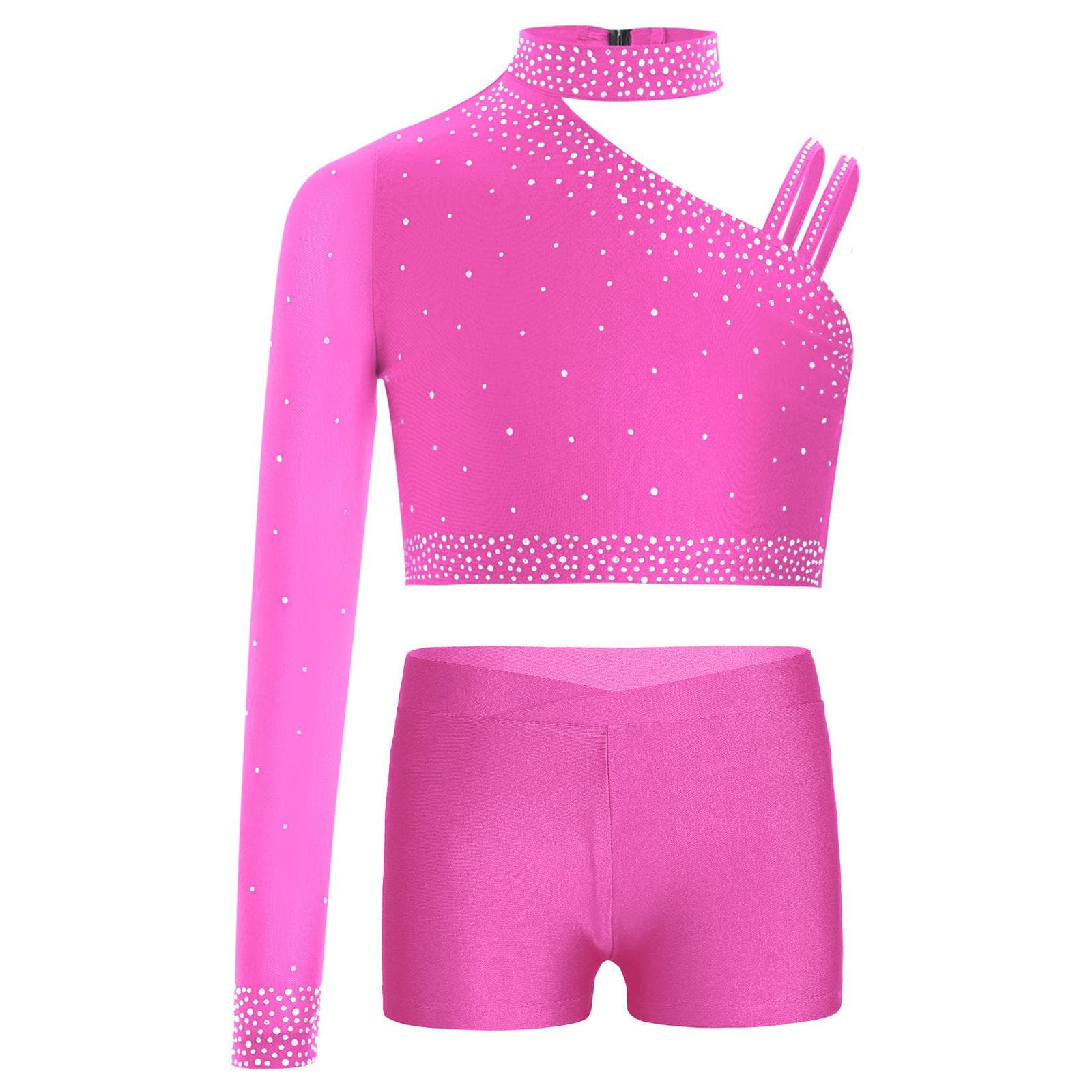 Girls Sparkly Dance Top Irregular Shoulder Crop Top V Front Waistband Shorts Rhinestone Stage Costume 15-16 Years hot pink