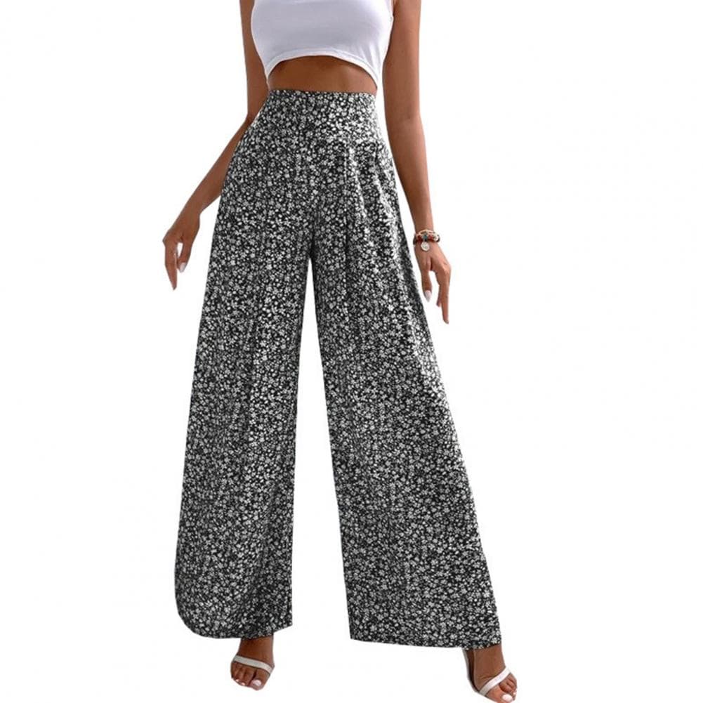 Women Casual Pants Elastic High Waist Straight Wide Leg Pants Floral Print Loose Fit Casual Trousers Daily Wear S black