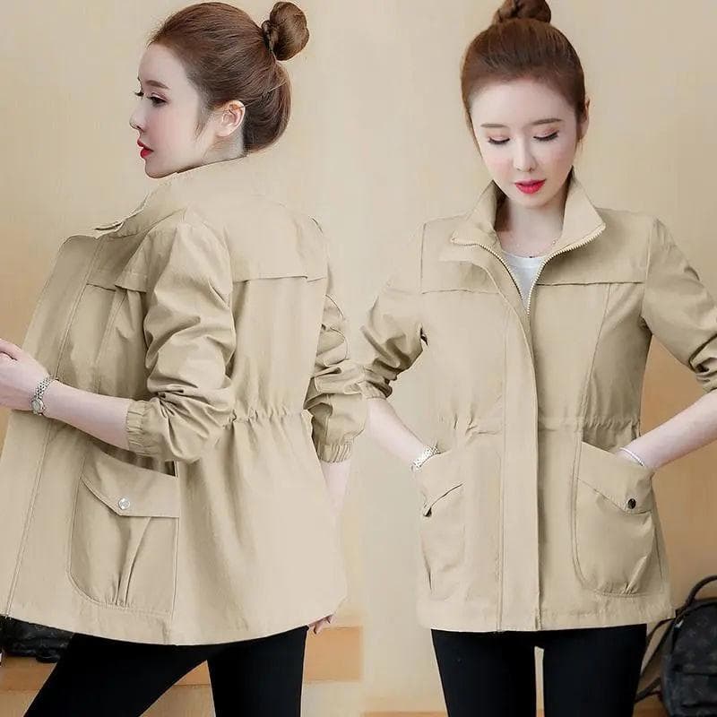 Women's Short Jacket Spring and Autumn Versatile Plus Size Jacket Solid Color Loose Waist Jacket Top 2XL khaki