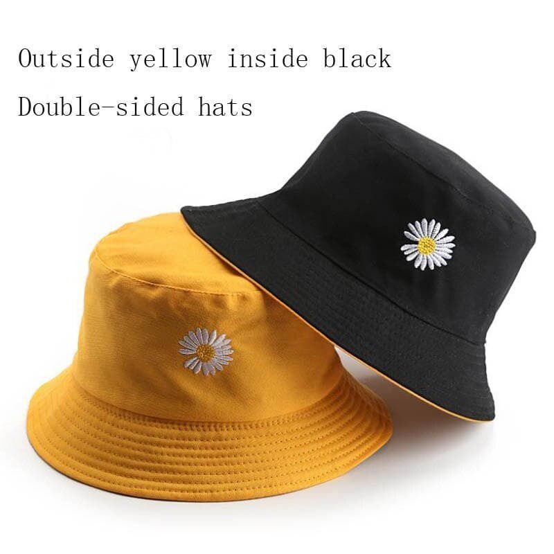 Double-side Women Bucket Fishing Hats Sunscreen Sun Cap Little Daisies Double-sided Wear Spring Lady Fisherman Hat 56-58CM yellow