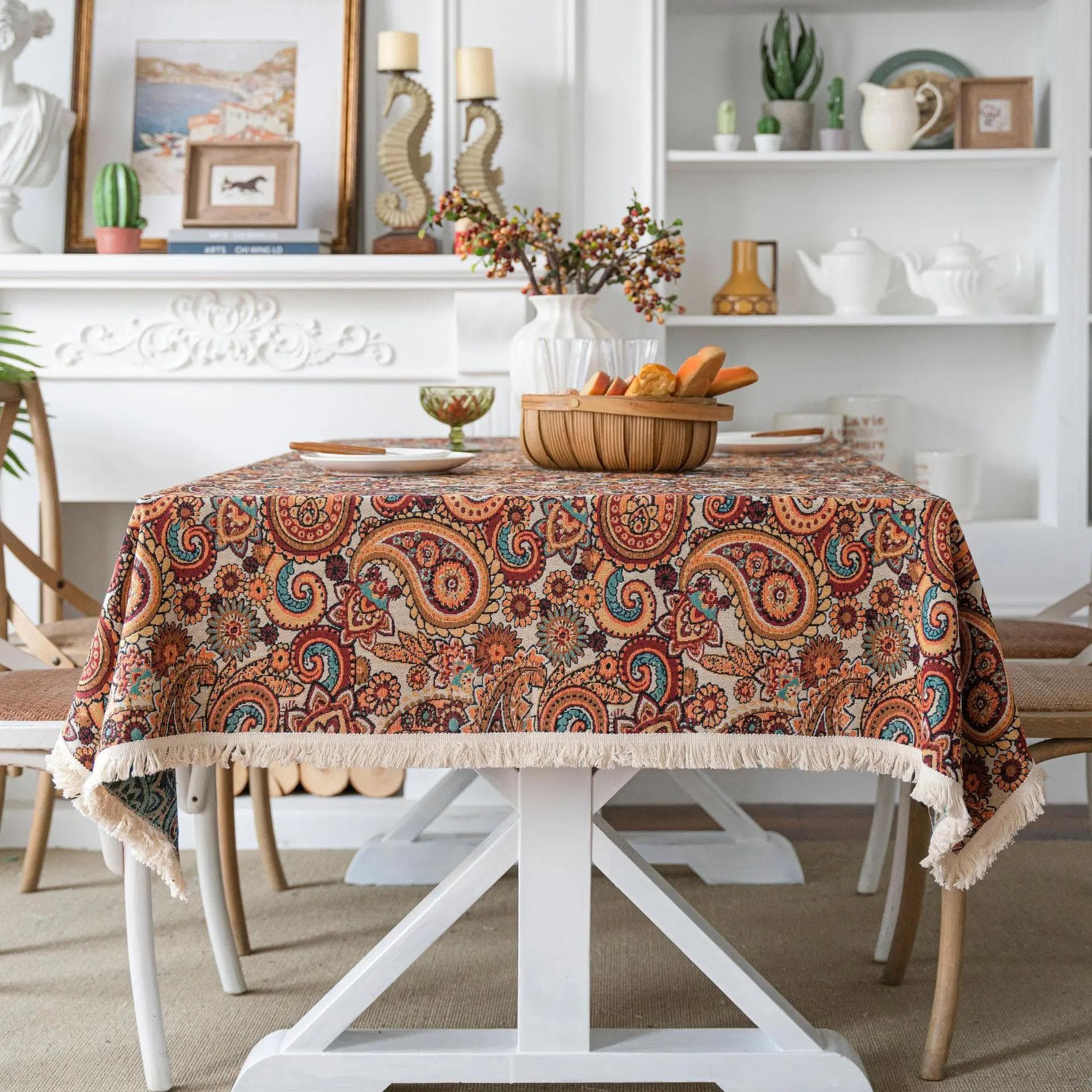 Tassel Edge Cotton Linen Table Cover Red Holiday Jacquard Dining Tablecloth Flower Pattern Dustproof Tablecloth Background Cloth 140x300cm 1pcs