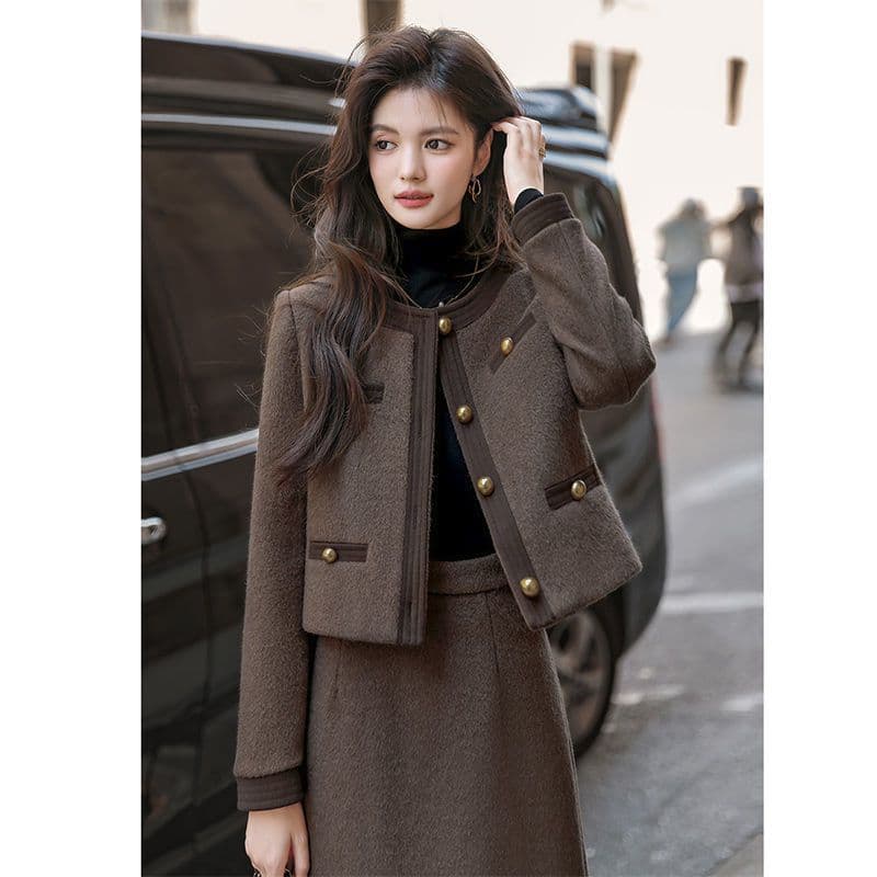 New Wool Short Jacket for Autumn and Winter Two-piece Women's Mid-length Skirt Suit 3XL