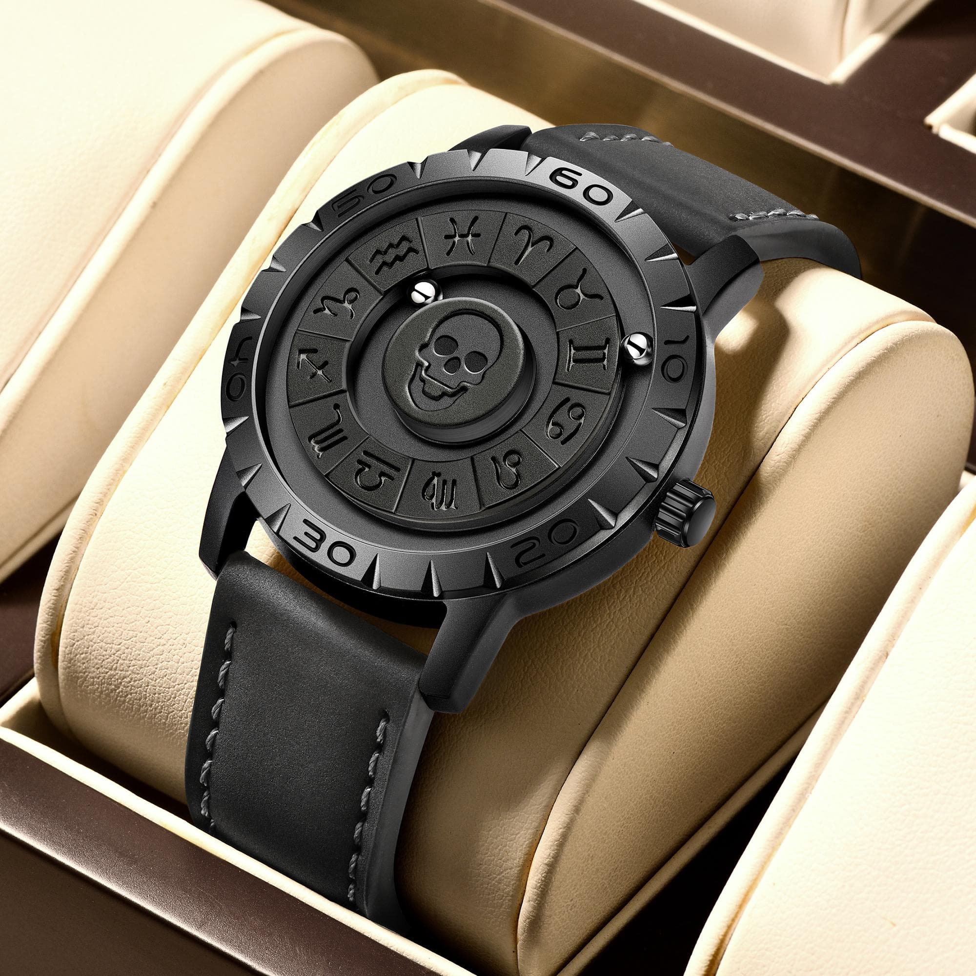 LIGE Brand FOXBOX New Personalized Original Men Quartz Watch Skull dial Magnetic Ball Design Waterproof Quartz Watch Men's Gift Leather strap black