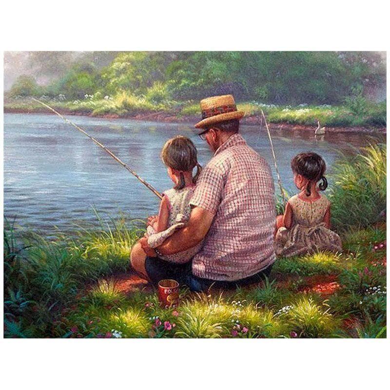 Round Diamond Painting Cross Stitch Fishing Family Diamond Embroidery Rhinestone Mosaic Home Decor 20X30CM