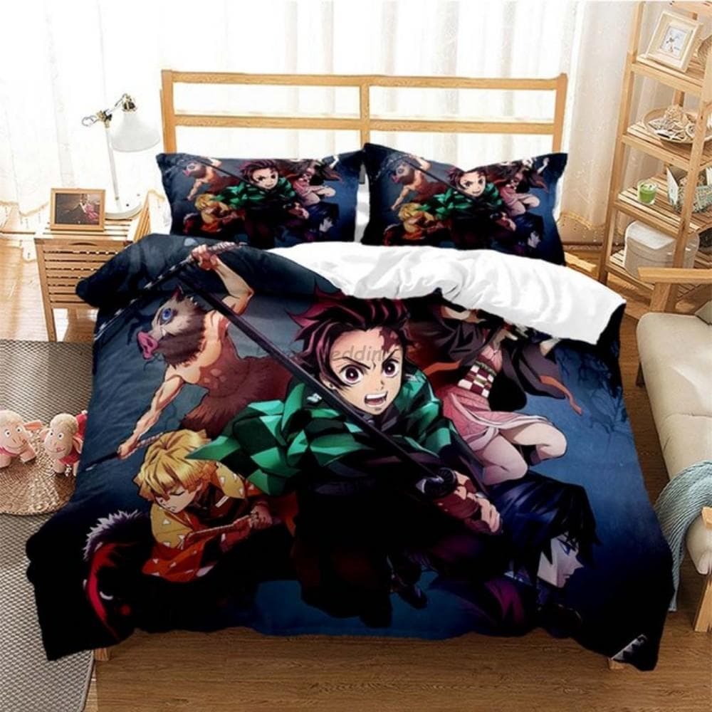 Anime Demon Slayer Bedding Set Japanese Cartoon Bed Linen 200x220 Teens Girls Twin Single Queen King Full Duvet Cover Sets EU Single 135x200cm