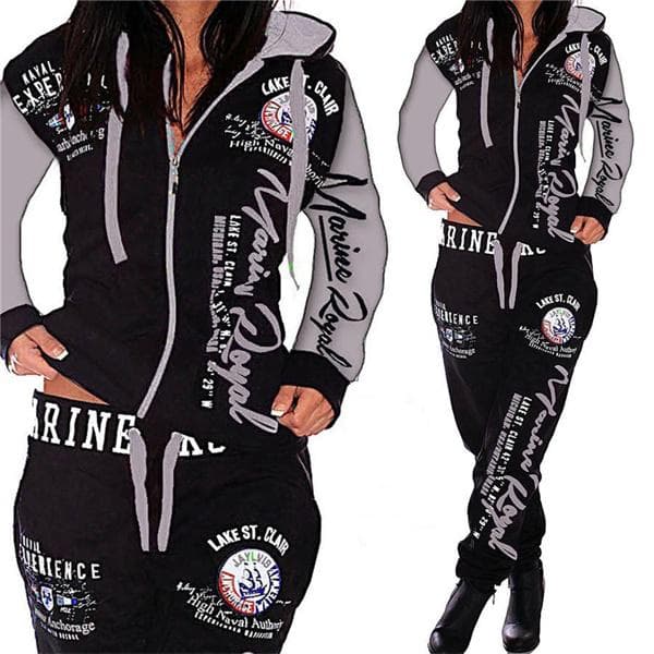 Fashion Women Clothing Women Hooded Tracksuit Printing Fashion Sets Sportswear Athletic Sets M gray/black