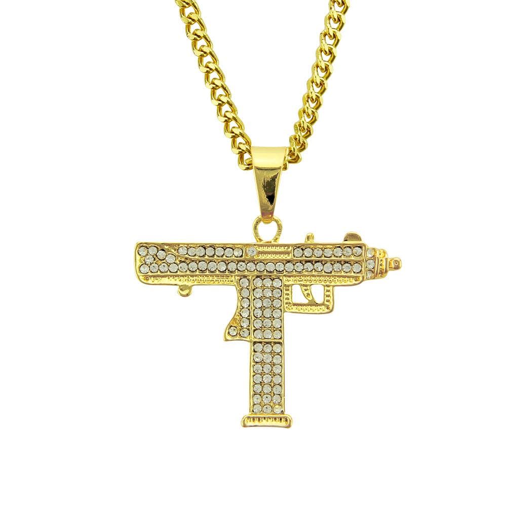 European Hip Hop Fashionable Golden Uz Gun Pendant Necklace Men's Alloy Rhinestone Shiny Asian Machine Gun Necklace