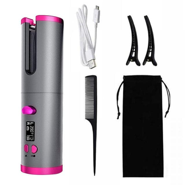 Automatic Wireless Hair Curler Cordless Rotating USB Rechargeable Curling Iron Display Temperature Adjustable Hair Curler grey