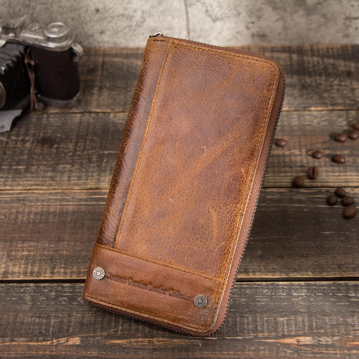 CONTACTS Wallet For Men Genuine Leather Clutch Wallet Male Casual Long Purse with Zipper Phone Pocket Large Capacity RFID Card Holder brown