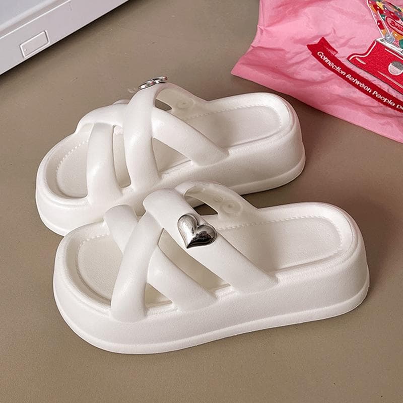 Fashion Cross Strap Platform Sandals for Women 2025 Summer Thick Bottom Eva Pillow Slides Woman Metal Decor Wedge Heels Slippers 40-41 white