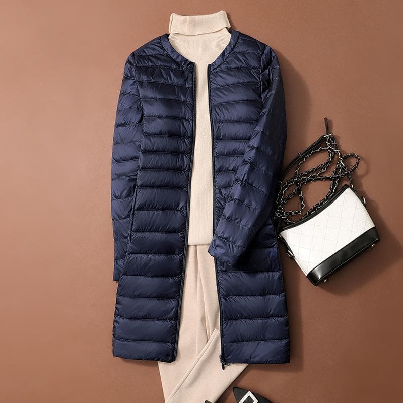 Autumn Winter Ultralight Women Long Duck Down Coats Korean Style O-Neck Feather Lining Collarless Puffer Outwear L dark blue