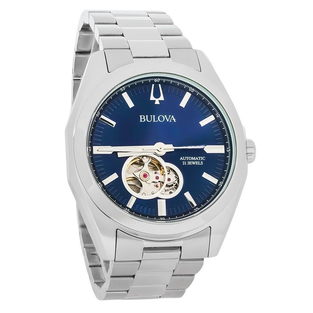 Bulova Classic Surveyor Stainless Steel Blue Open Heart Dial Automatic 96A275 Men's Watch blue