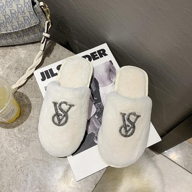Fashion Hairy Cotton Slippers Women Autumn Winter New Warm Footwear Home Bright Diamond Slippers Fashion Outer Wear Women's Flat Shoes 40-41 white