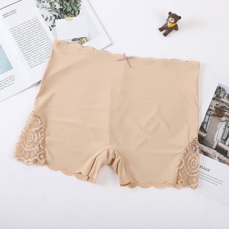 Sexy Lace Edge Ladies Ice Silk Solid Color Smooth Boxer Pants Seamless Elastic Large Size Women's Anti-skid Safety Pants M beige