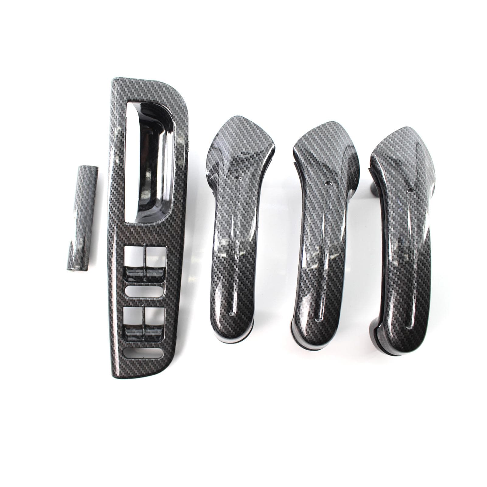 Car Carbon Grain Master Window Switch Control Panel Trim Bezel + 3 Interior Door Grab Handle Set