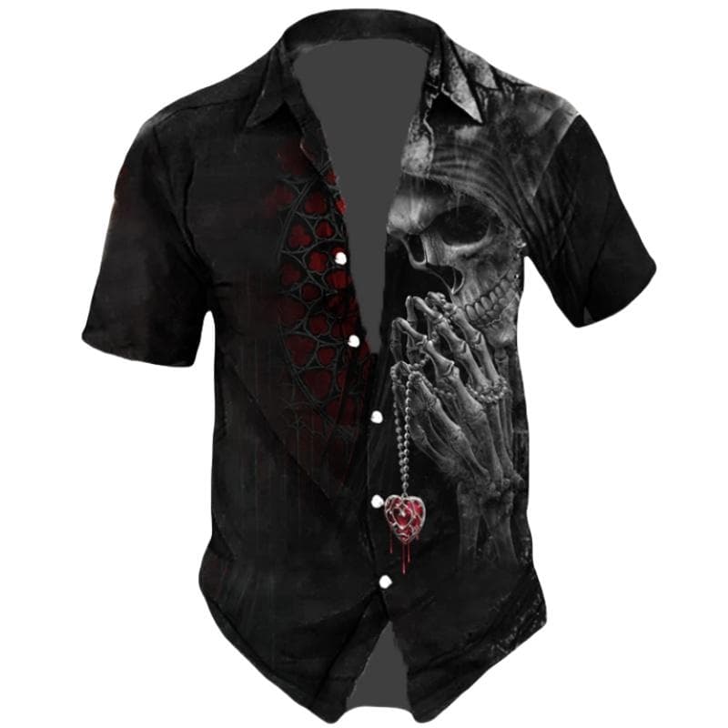 Horror Skulls Print Men's Shirts Summer Hip Hop Style Short Sleeve Lapel Shirts For Men Streetwear Hawaiian Beach Holiday Shirt M