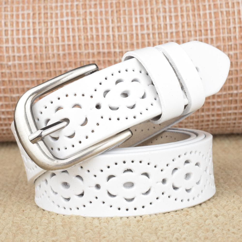 Fashion Ladies Real Cowhide Belt Personality Hollow Dress Belt Decoration Casual Real Cowhide Belt Delicate Ladies Belt 105cm white