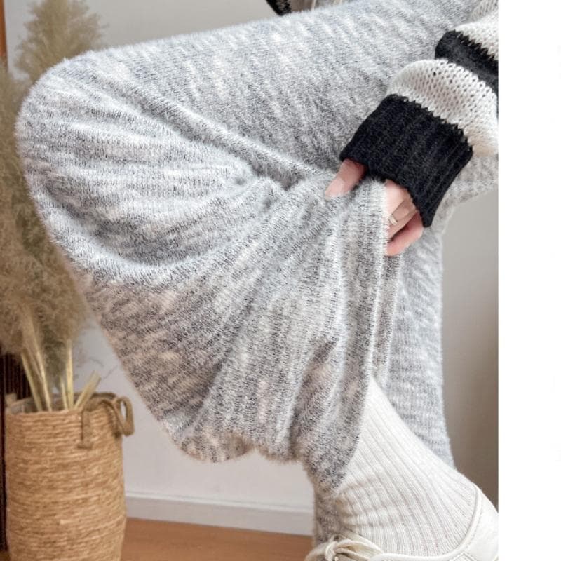 Diandian Rainbow Plus Fleece Glutinous Rice Pants for Women In Autumn and Winter New Soft Glutinous Slim Slim Knitted Narrow Wide Leg Pants XL
